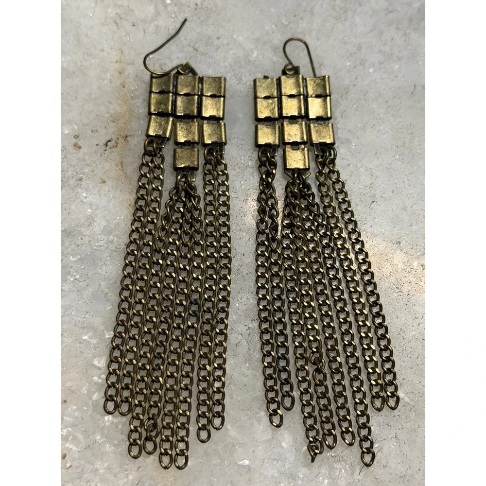 Brass Tone Chain Fringe Tassel Earrings Grunge Art Deco Long Boho Punk Y2K Edgy
